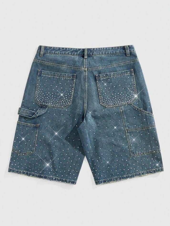 Uptown Funky Street Life Men's Casual Washed Rhinestone Decorate Denim Shorts Jorts